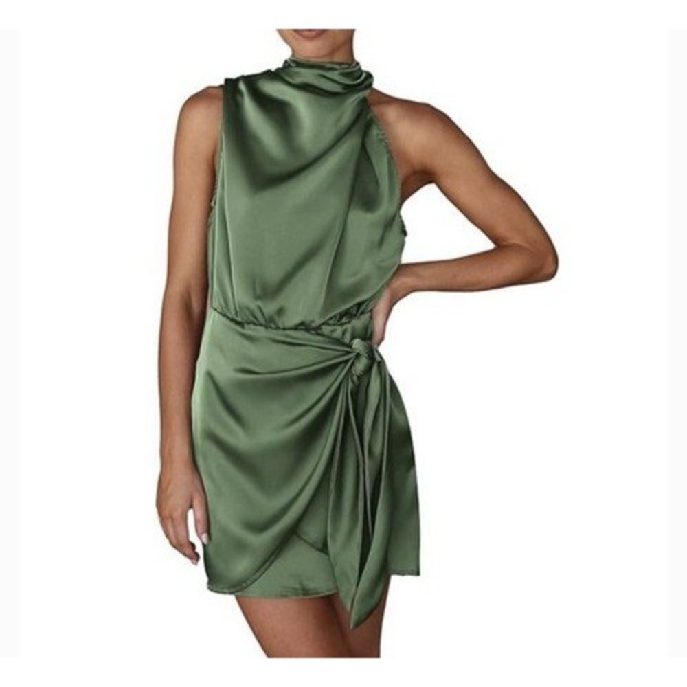 PrettyGarden Olive Green Mock Neck Sleeveless Satin Tie Front Mini Dress Medium